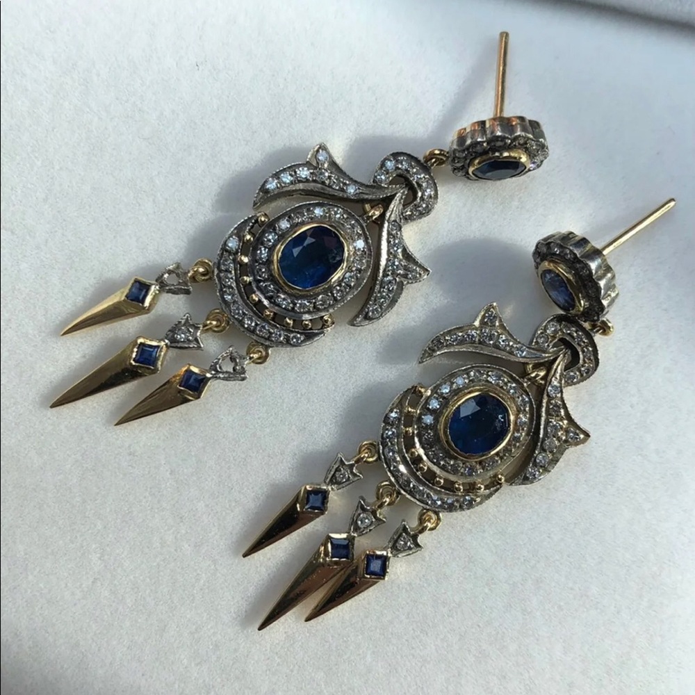 Antique Diamond and sapphire dangle earrings 14k and sterling silver topped